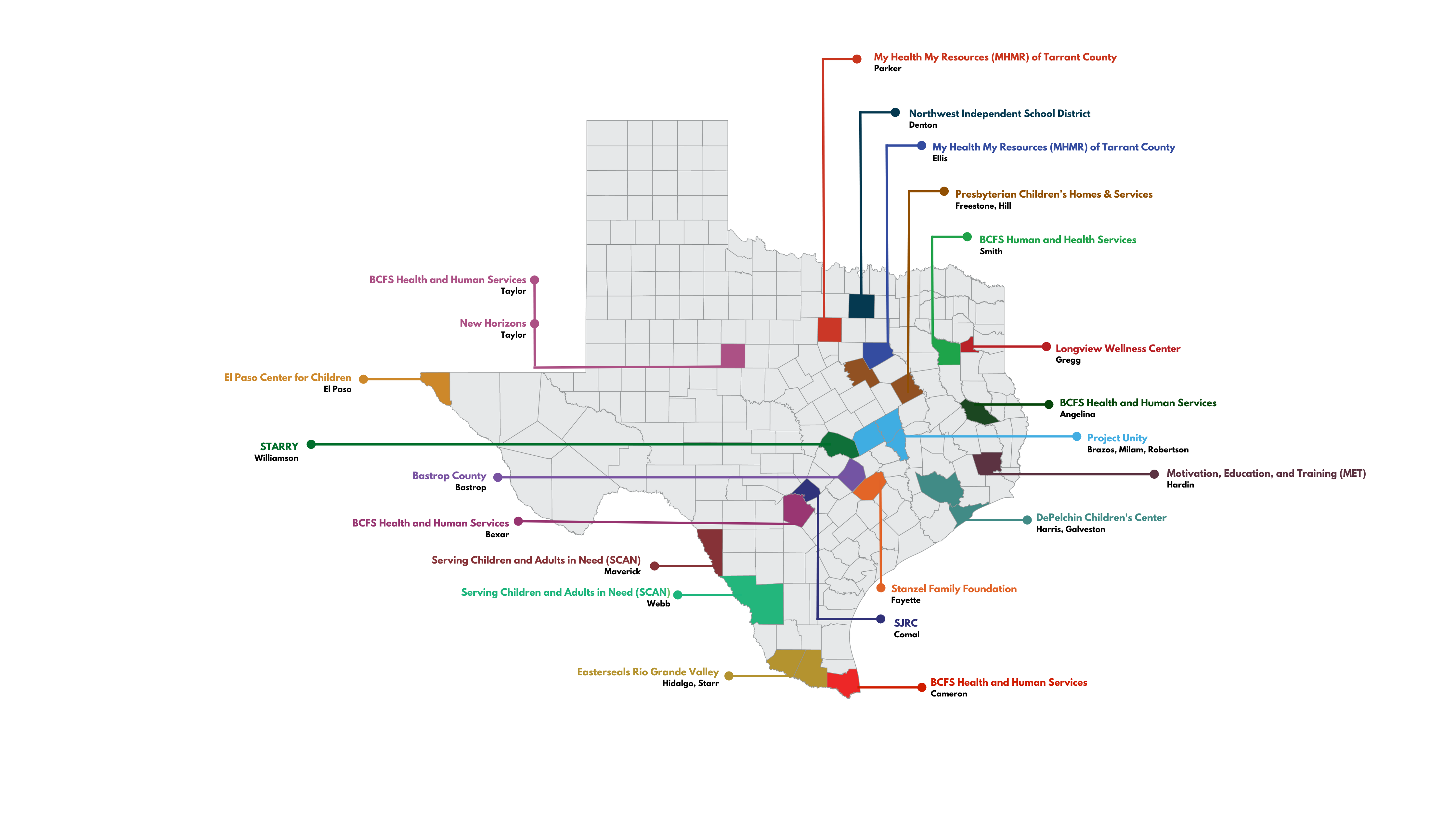Map of Texas, showing Family Resource Centers  across the state.